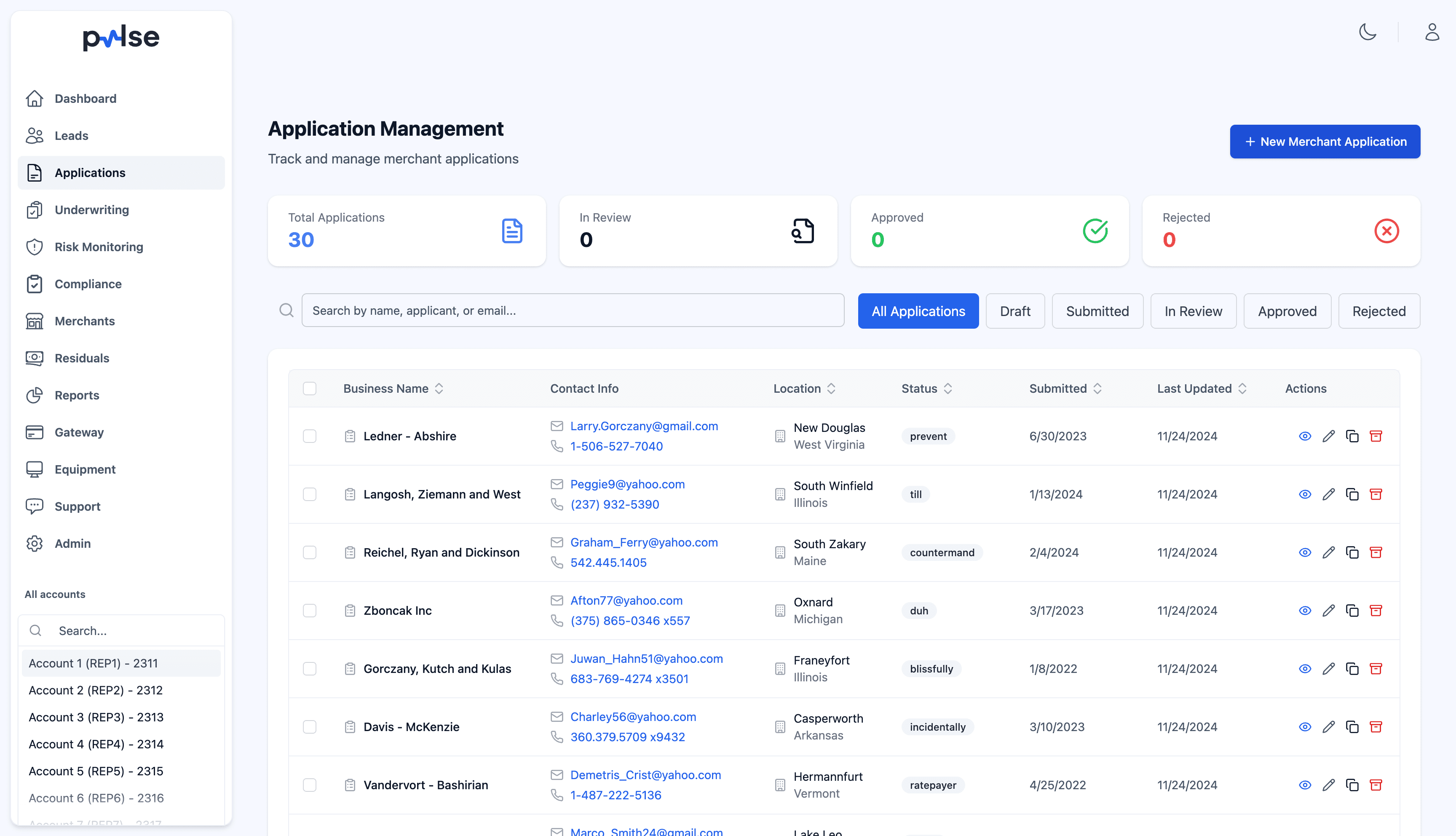 Risk & Underwriting interface in Pulse Merchant Services CRM