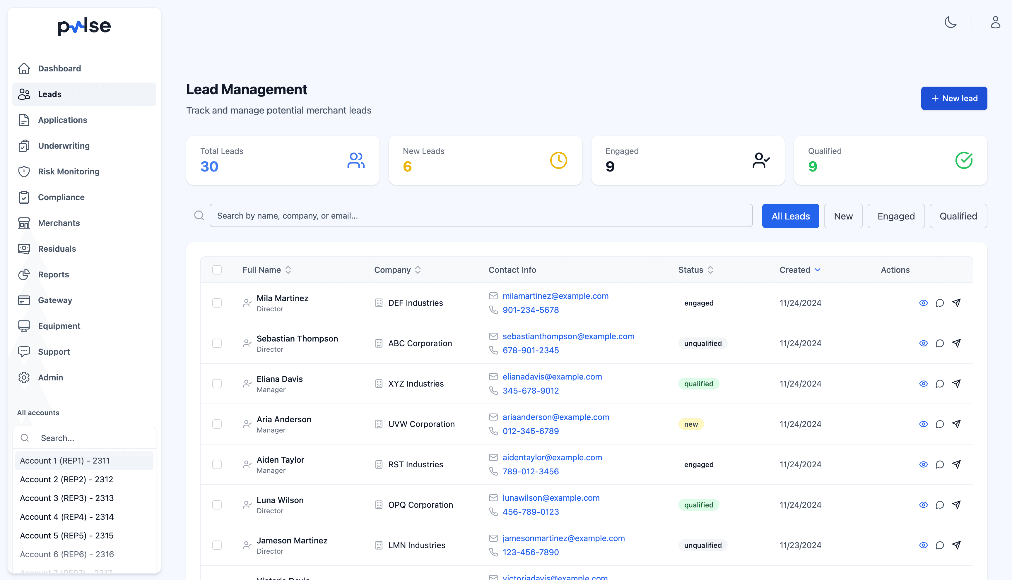 Merchant Onboarding interface in Pulse Merchant Services CRM