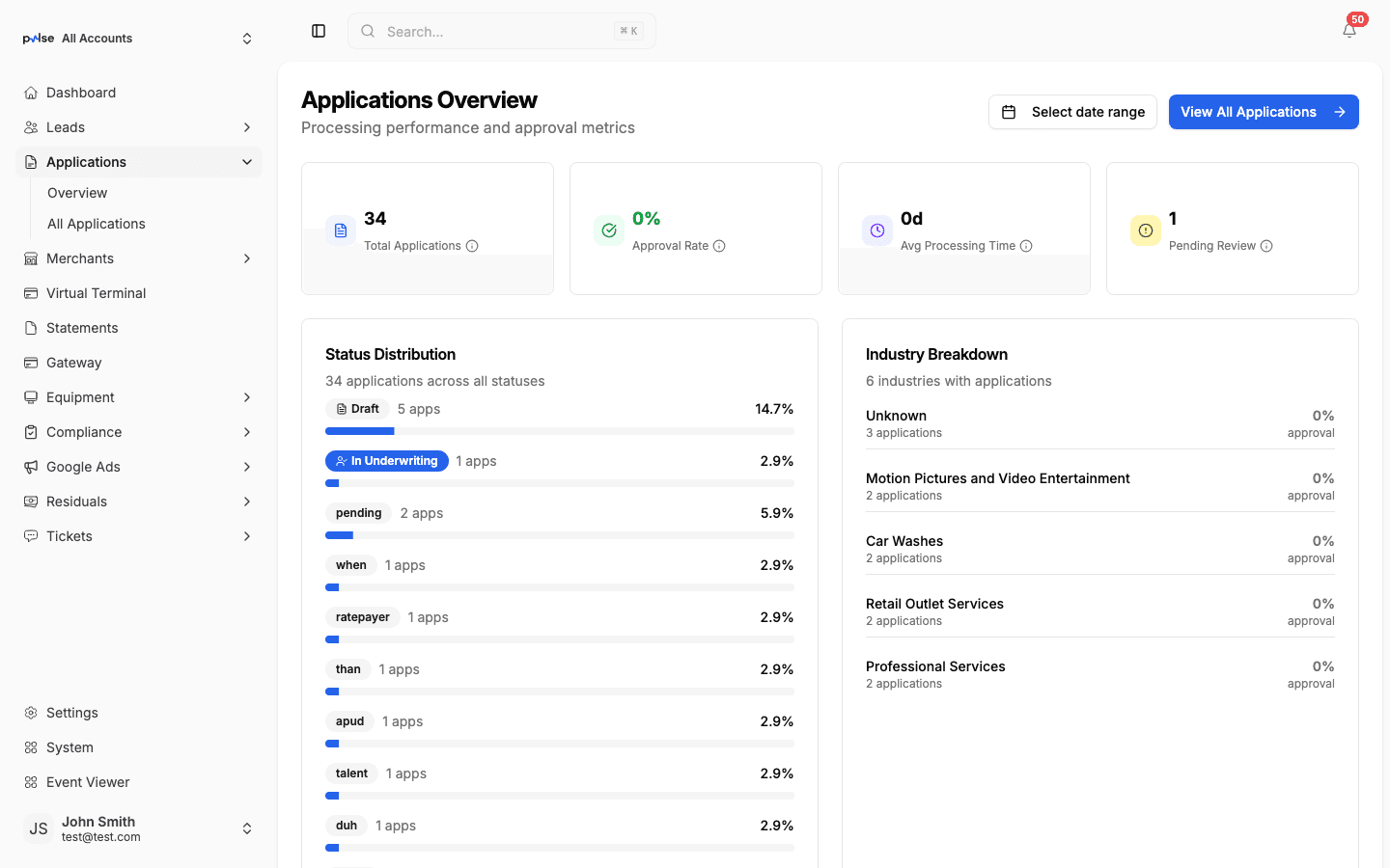 Merchant Onboarding — Pulse CRM interface